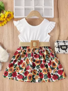 Toddler Girls Ruffle Trim Floral Hem Belted Dress - Multicolor - View 1