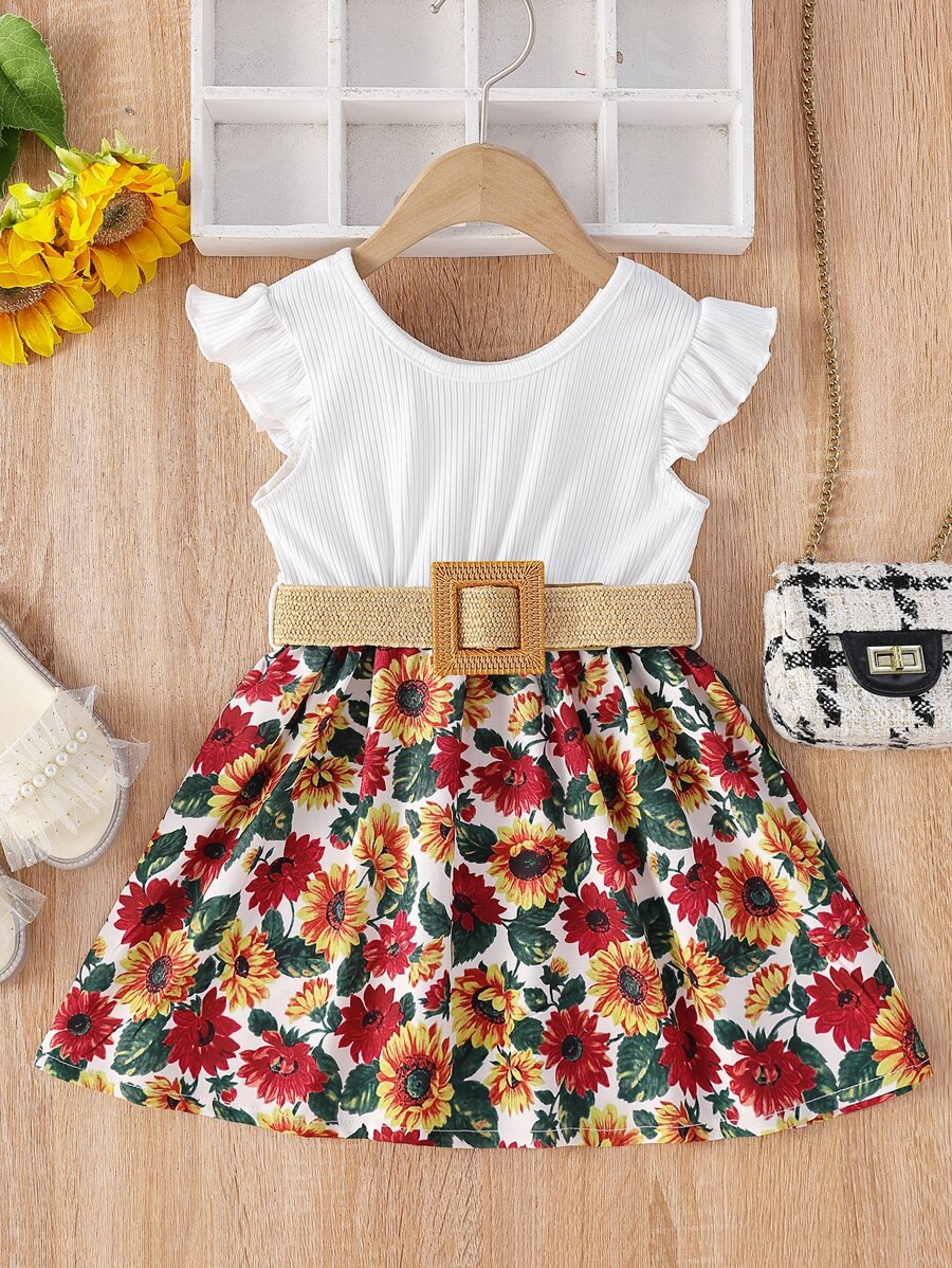 Toddler Girls Ruffle Trim Floral Hem Belted Dress - Multicolor - View 1