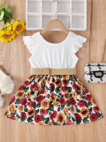 Toddler Girls Ruffle Trim Floral Hem Belted Dress - Multicolor - View 2