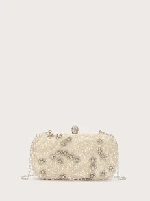 SHEIN Belle Glitter Bling,Shiny Glamorous,Elegant Mini Rhinestone & Faux Pearl Decor Evening Bag Dinner Bag For Party Girl,Woman,For Female Perfect for Party,Wedding,Prom,Dinner/Banquet,For Cocktail Best gift for women - Beige - View 4