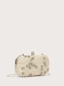 SHEIN Belle Glitter Bling,Shiny Glamorous,Elegant Mini Rhinestone & Faux Pearl Decor Evening Bag Dinner Bag For Party Girl,Woman,For Female Perfect for Party,Wedding,Prom,Dinner/Banquet,For Cocktail Best gift for women - Beige - View 5