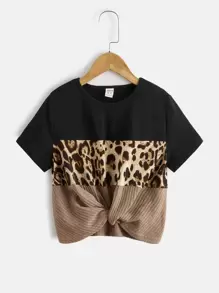 SHEIN Girls Leopard Colour Block Twist Hem Tee - Multicolor - View 1