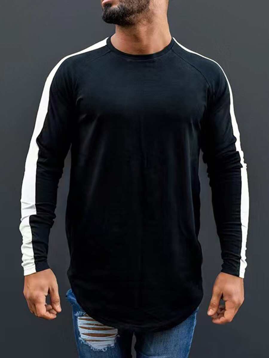 Manfinity Men Contrast Side Seam Raglan Sleeve Curved Hem Tee - Black - View 1