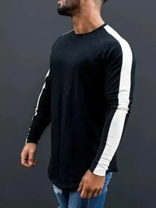 Manfinity Men Contrast Side Seam Raglan Sleeve Curved Hem Tee - Black - View 2