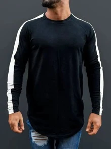 Manfinity Men Contrast Side Seam Raglan Sleeve Curved Hem Tee - Black - View 4