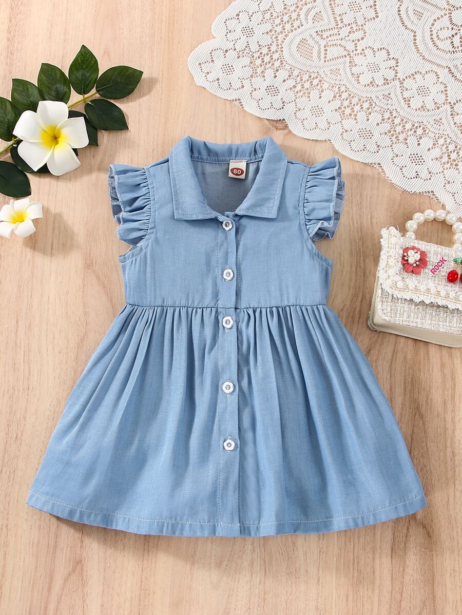 Bebé Vestido camisero con botón de manga con volante - Azul - Ver 1