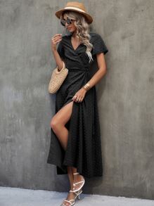 Surplice Neck Swiss Dot Split Thigh Dress - Black - View 1