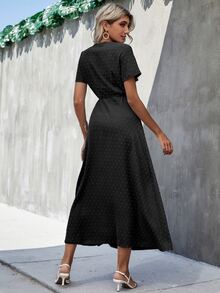 Surplice Neck Swiss Dot Split Thigh Dress - Black - View 2