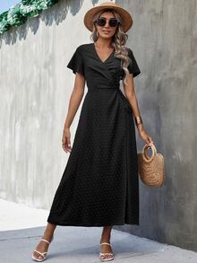 Surplice Neck Swiss Dot Split Thigh Dress - Black - View 3