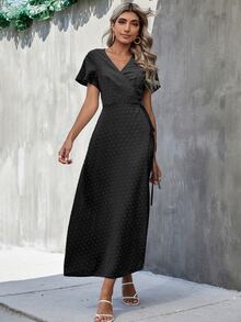 Surplice Neck Swiss Dot Split Thigh Dress - Black - View 5