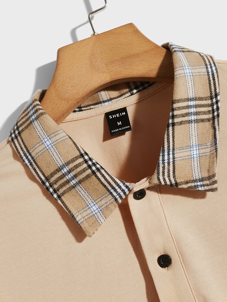 Manfinity Áo thun có cổ Nam Tương phản ren Nút phía trước Sọc ca rô Giải trí - Màu Khaki - Xem 3