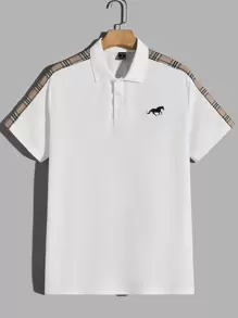 GENTILAND 男士馬印花拼接格紋側接縫POLO衫 - 白色 - 查看 1