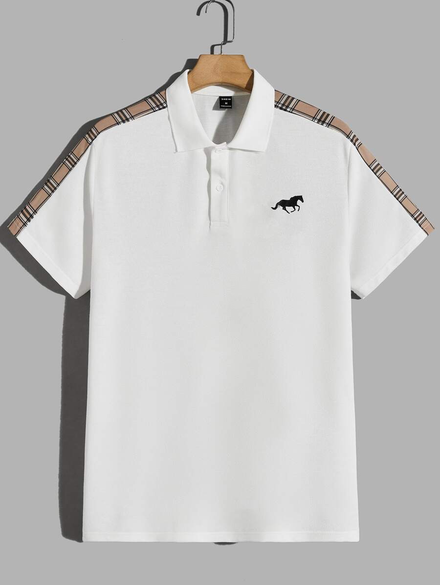 GENTILAND 男士馬印花拼接格紋側接縫POLO衫 - 白色 - 查看 1