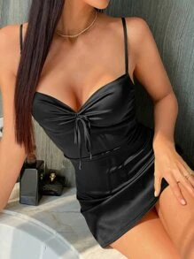 SHEIN BAE Backless Knot Satin Cami Dress - Black - View 5