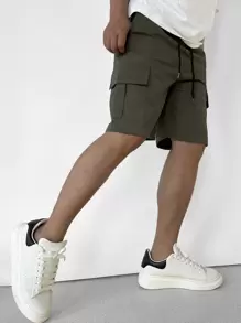 Manfinity Hypemode Men Flap Pocket Drawstring Waist Shorts - Army Green - View 3
