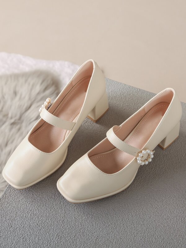 Women's High Heel Mule Shoes, Beige Chunky Heel Square Toe Mary Janes With Pearl Strap, Casual Slip On Pumps