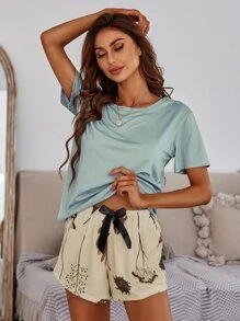 Solid Top And Tie Waist Floral Print Shorts PJ Set - Multicolor - View 1