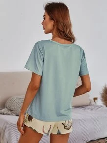 Solid Top And Tie Waist Floral Print Shorts PJ Set - Multicolor - View 2