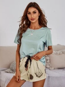 Solid Top And Tie Waist Floral Print Shorts PJ Set - Multicolor - View 4