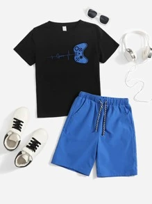 SHEIN Tween Boy Gamepad & Letter Graphic Tee & Drawstring Waist Shorts - Blue - View 1