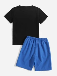 SHEIN Tween Boy Gamepad & Letter Graphic Tee & Drawstring Waist Shorts - Blue - View 2
