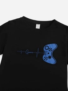 SHEIN Tween Boy Gamepad & Letter Graphic Tee & Drawstring Waist Shorts - Blue - View 3