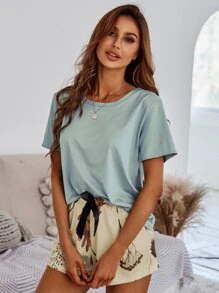 Solid Top And Tie Waist Floral Print Shorts PJ Set - Multicolor - View 6