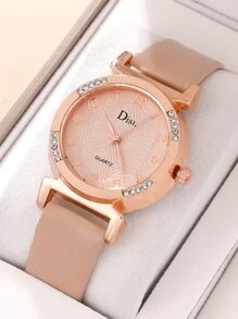 水鑽裝飾圓形指針石英手錶 - 駝色 - 查看 2