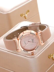 水鑽裝飾圓形指針石英手錶 - 駝色 - 查看 3