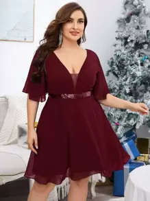 SHEIN Belle Burgundy Red Plus Contrast Sequin Plunging Neck Bridesmaid Dress - Burgundy - View 1