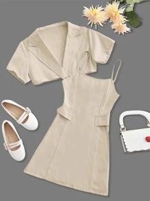 Girls Lapel Neck Top & Flap Detail Cami Dress - Apricot - View 1