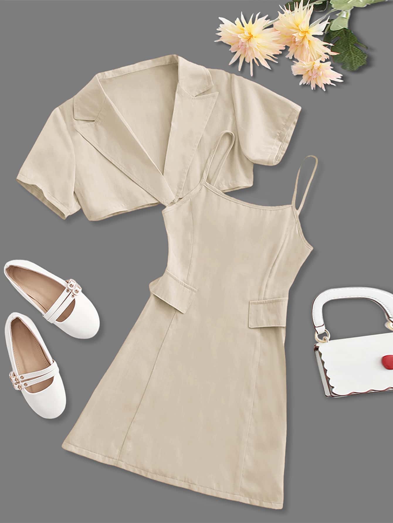 Girls Lapel Neck Top & Flap Detail Cami Dress - Apricot - View 1