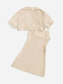Girls Lapel Neck Top & Flap Detail Cami Dress - Apricot - View 2