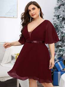 SHEIN Belle Burgundy Red Plus Contrast Sequin Plunging Neck Bridesmaid Dress - Burgundy - View 3