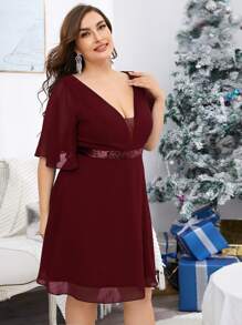 SHEIN Belle Burgundy Red Plus Contrast Sequin Plunging Neck Bridesmaid Dress - Burgundy - View 5