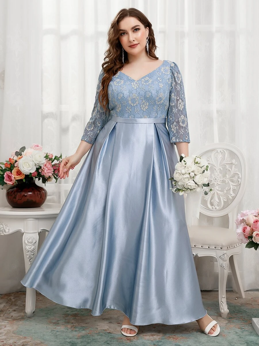 SHEIN Belle Plus Contrast Lace Puff Sleeve Zip Back Satin Bridesmaid Dress - Baby Blue - View 1