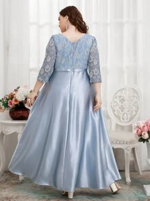 SHEIN Belle Plus Contrast Lace Puff Sleeve Zip Back Satin Bridesmaid Dress - Baby Blue - View 2