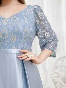 SHEIN Belle Plus Contrast Lace Puff Sleeve Zip Back Satin Bridesmaid Dress - Baby Blue - View 3