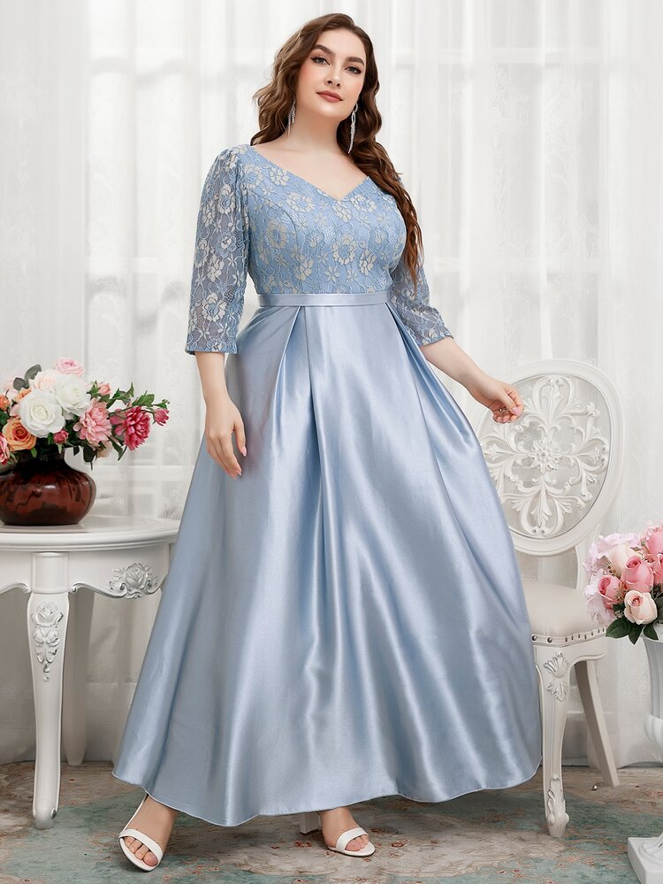 SHEIN Belle Plus Contrast Lace Puff Sleeve Zip Back Satin Bridesmaid Dress - Baby Blue - View 4