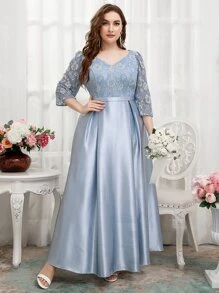 SHEIN Belle Plus Contrast Lace Puff Sleeve Zip Back Satin Bridesmaid Dress - Baby Blue - View 5