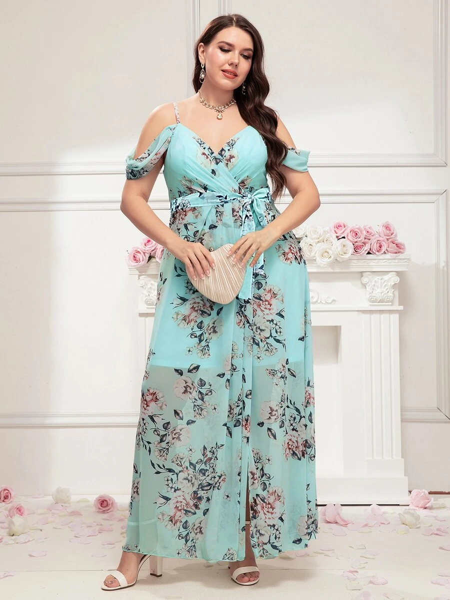 SHEIN Belle Plus Floral Print Cold Shoulder Chiffon Bridesmaid Dress - Mint Blue - View 1
