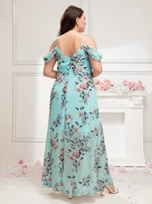 SHEIN Belle Plus Floral Print Cold Shoulder Chiffon Bridesmaid Dress - Mint Blue - View 2