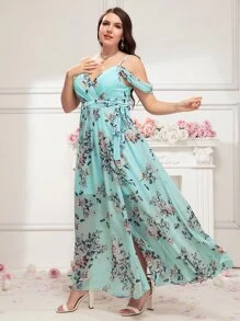SHEIN Belle Plus Floral Print Cold Shoulder Chiffon Bridesmaid Dress - Mint Blue - View 3