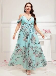 SHEIN Belle Plus Floral Print Cold Shoulder Chiffon Bridesmaid Dress - Mint Blue - View 4