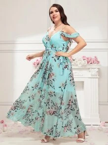 SHEIN Belle Plus Floral Print Cold Shoulder Chiffon Bridesmaid Dress - Mint Blue - View 5