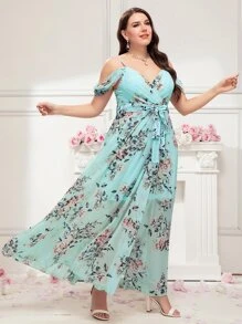 SHEIN Belle Plus Floral Print Cold Shoulder Chiffon Bridesmaid Dress - Mint Blue - View 6