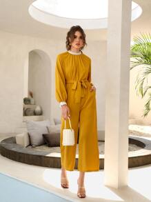 Mulvari Áo liền quần nữ Thắt lưng Tương phản ren Túi màu trơn Thanh lịch - Màu vàng - Xem 1