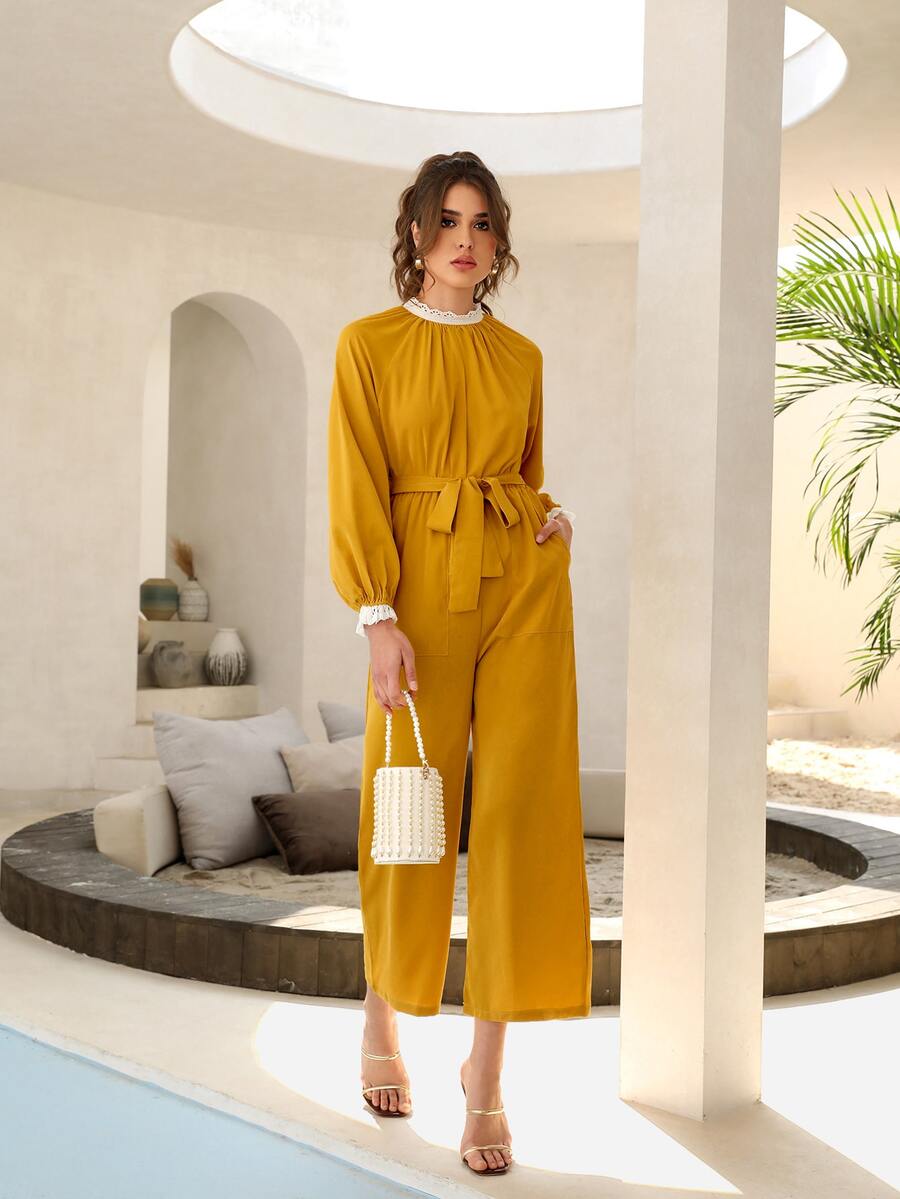 Mulvari Áo liền quần nữ Thắt lưng Tương phản ren Túi màu trơn Thanh lịch - Màu vàng - Xem 1