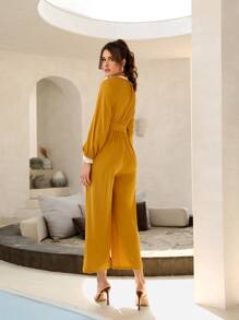 Mulvari Áo liền quần nữ Thắt lưng Tương phản ren Túi màu trơn Thanh lịch - Màu vàng - Xem 2