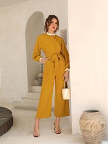 Mulvari Áo liền quần nữ Thắt lưng Tương phản ren Túi màu trơn Thanh lịch - Màu vàng - Xem 4